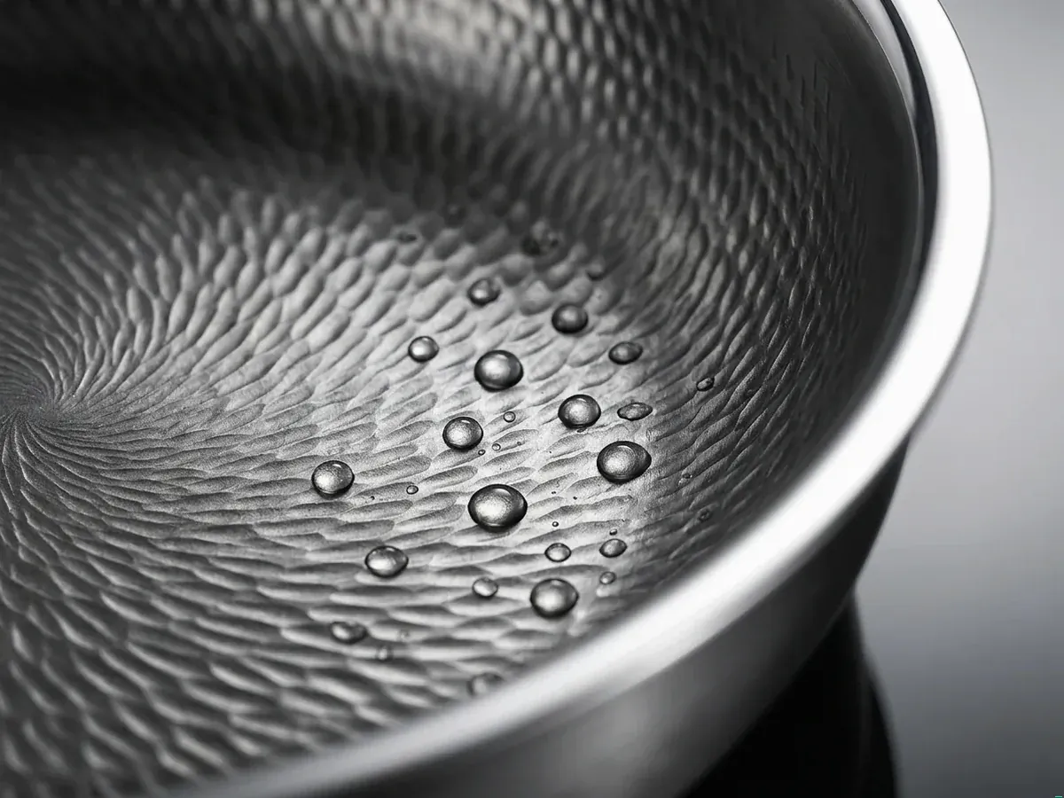 Macro close-up of water droplets beading on the Joyhnny hammered titanium cooking surface