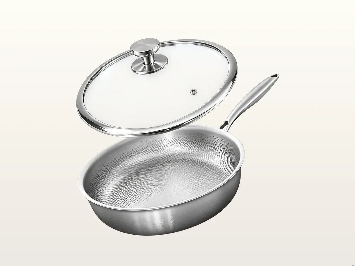 Joyhnny Titanium Pro Pan with tempered glass lid angled view