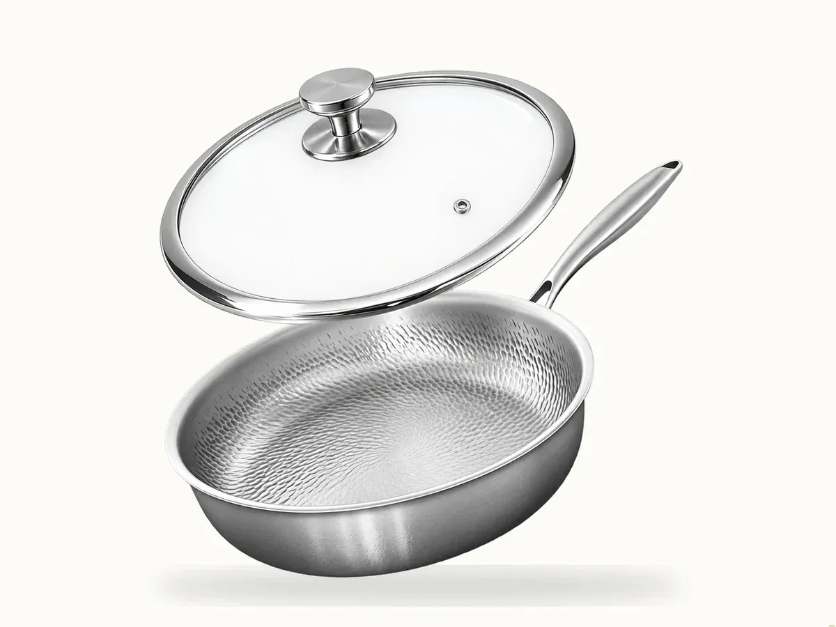 Joyhnny Titanium Pro Pan 11-inch hammered titanium skillet with tempered glass lid