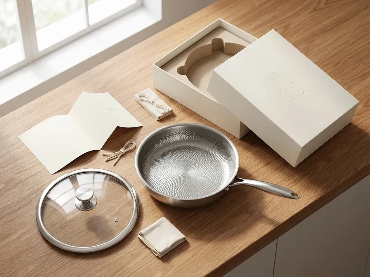 Joyhnny Titanium Pro Pan unboxing on a wooden counter with glass lid and care guide
